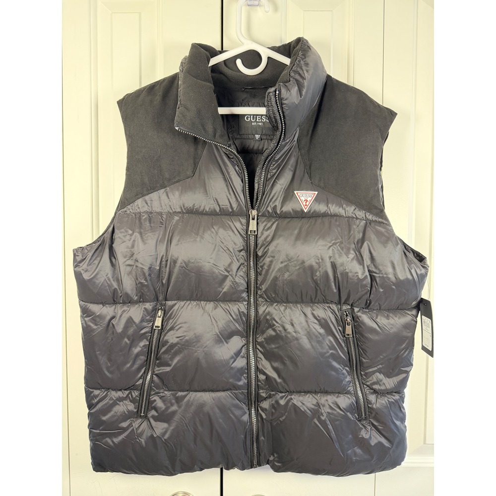 Guess Yann Fabric Block Puffer Vest Mens XL Jet Black New